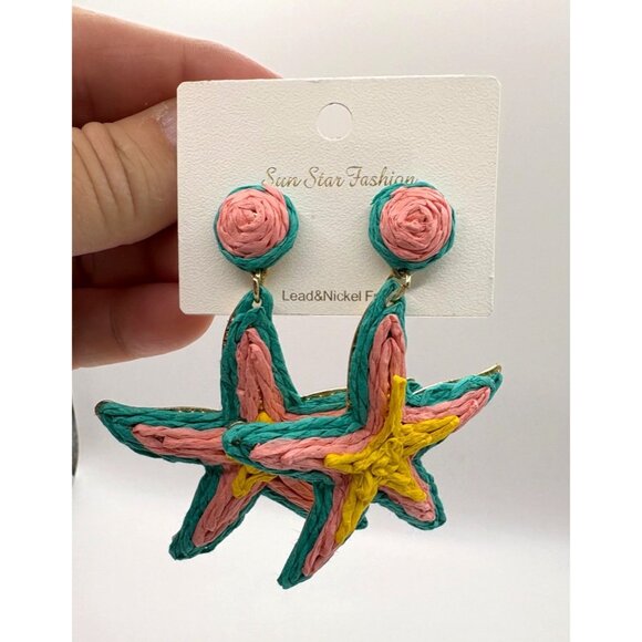 Raffia Starfish Dangle Earrings Vibrant Pink Green Yellow Lead & Nickel Free New - Picture 3 of 4